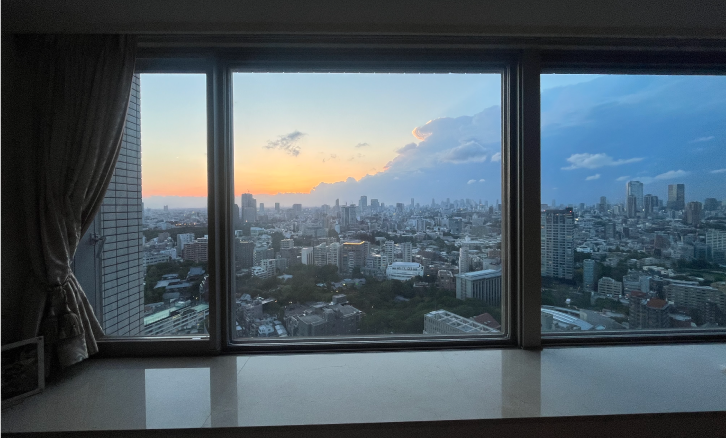 A city view from the 33rd-floor apartment