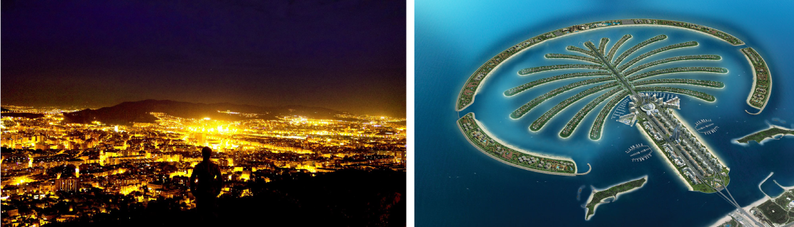 A night view in Spain and Palm Jumeirah in Dubai